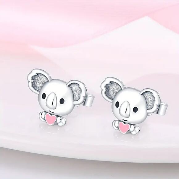 Sterling Silver‎ Koala Bear Stud Earrings with Pink Heart - S925 - Picture 3 of 5